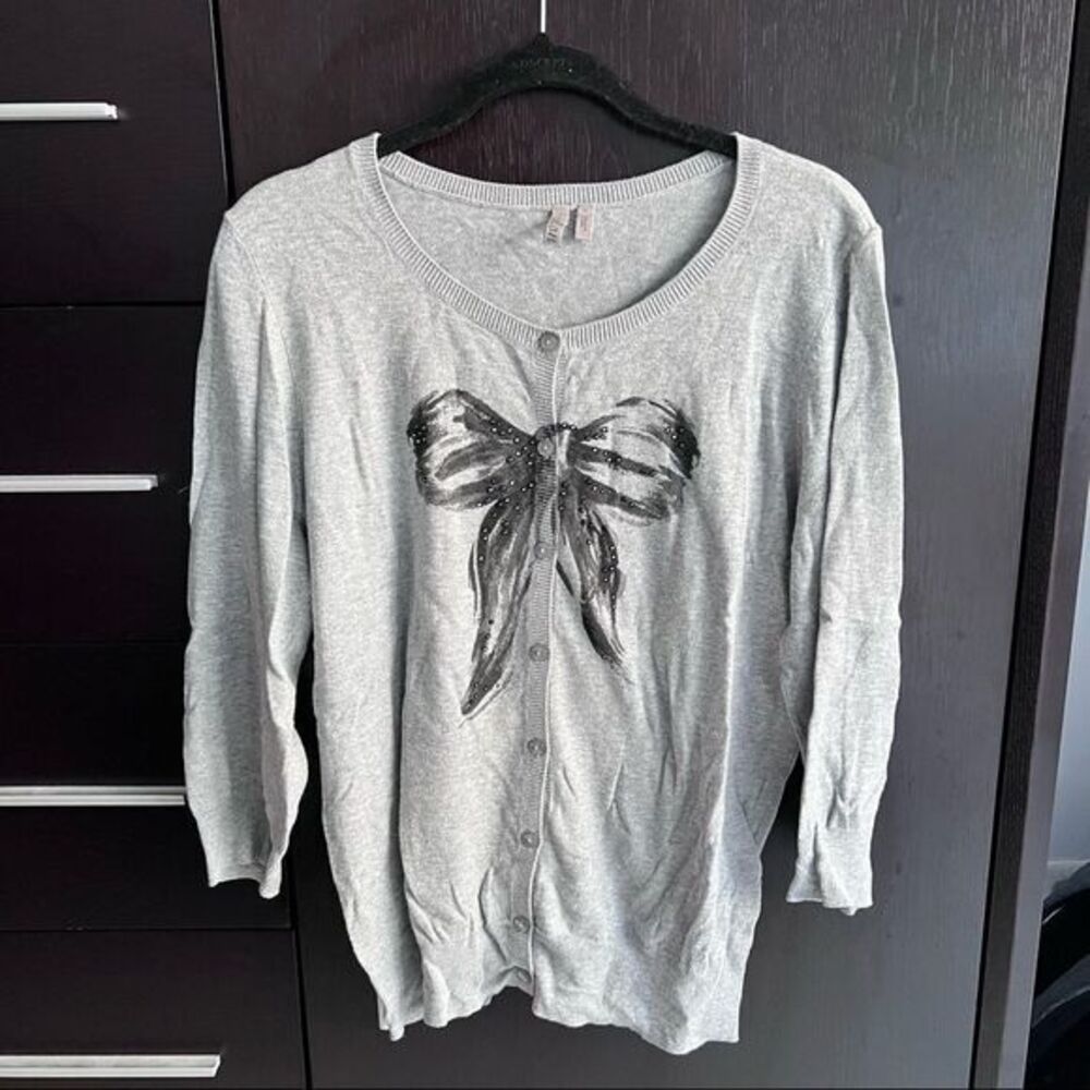 Caslon bow tie printed cardigan sweater 3/4 sleeve